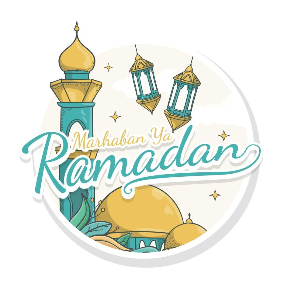 Hand gezeichnete Marhaban ya Ramadan Aufkleber Stil vektor