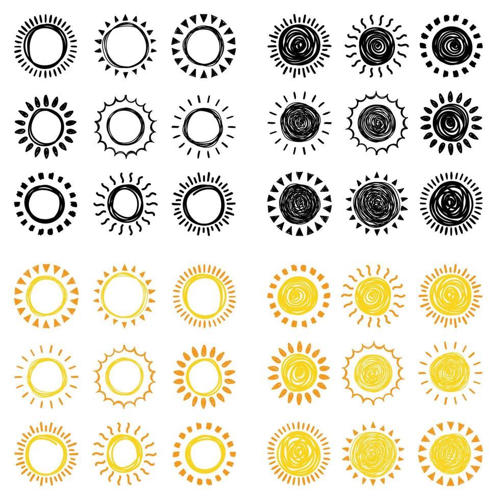 Set von Doodle-Sonnenskizzen, handgezeichneter Stil vektor