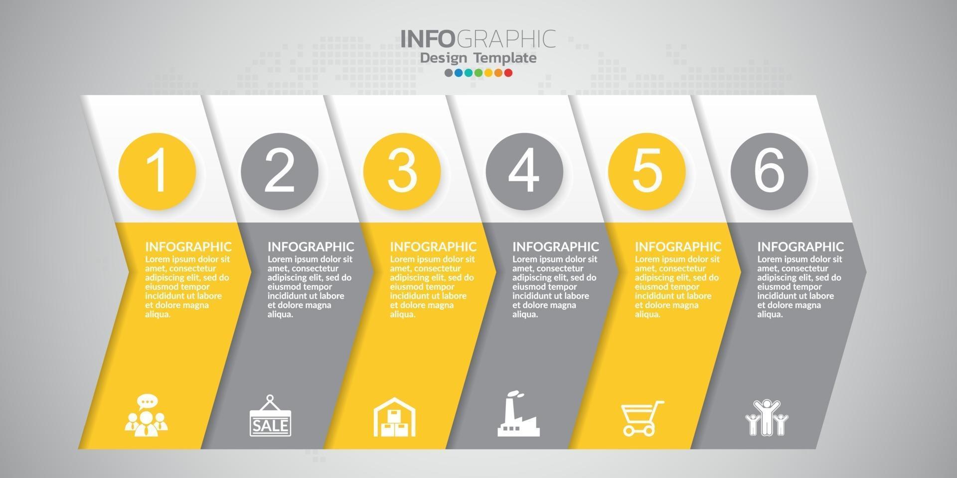 Infografik 6 Elemente gelbes Thema für Inhalt, Diagramm, Flussdiagramm, Schritte, Teile, Zeitachse, Workflow, Diagramm. vektor