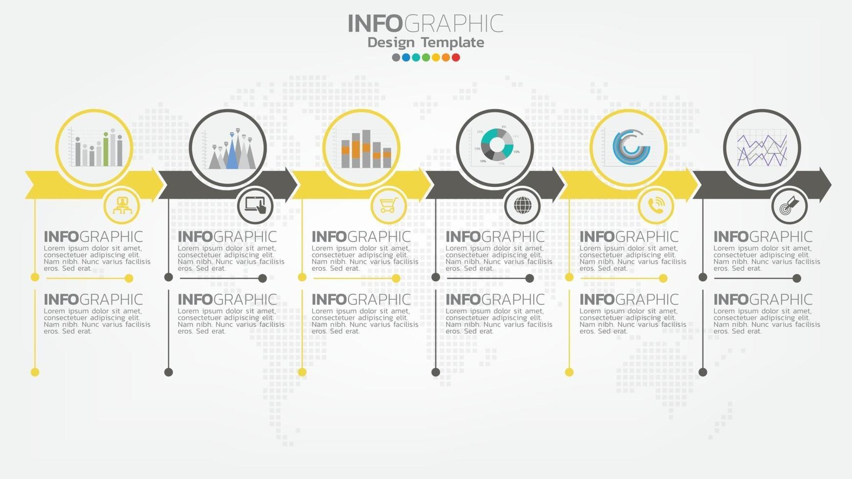 Infograph 6 Schritt gelbes Farbelement mit Pfeil, Diagrammdiagramm, Geschäfts-Online-Marketingkonzept. vektor