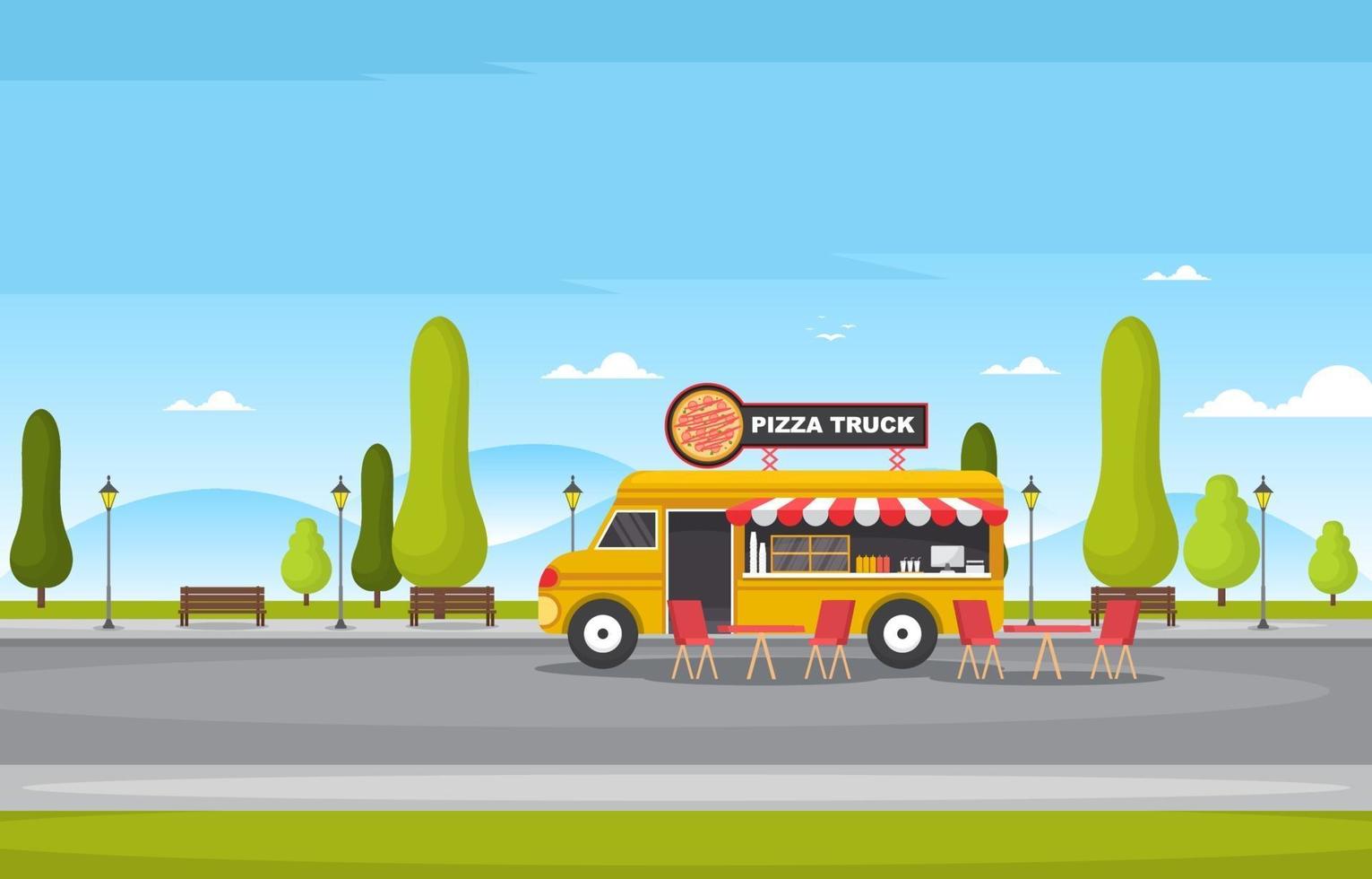 matbil som säljer pizza på i parken vektor