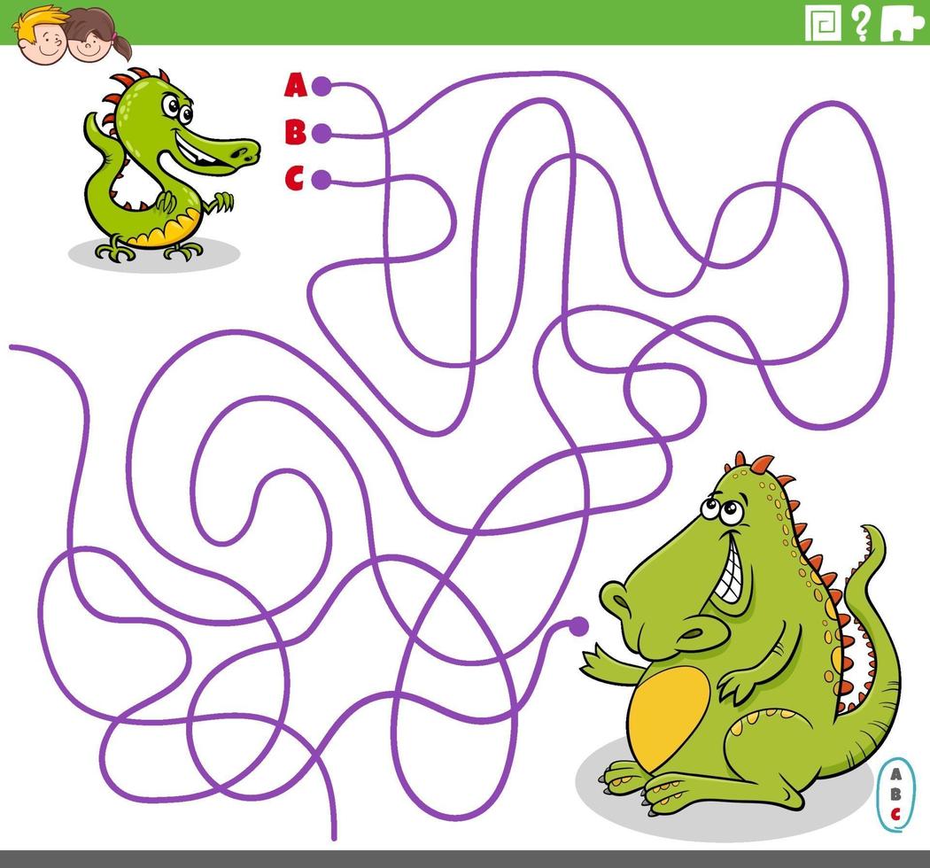 pedagogiskt labyrint spel med tecknad baby drake och hans mor vektor