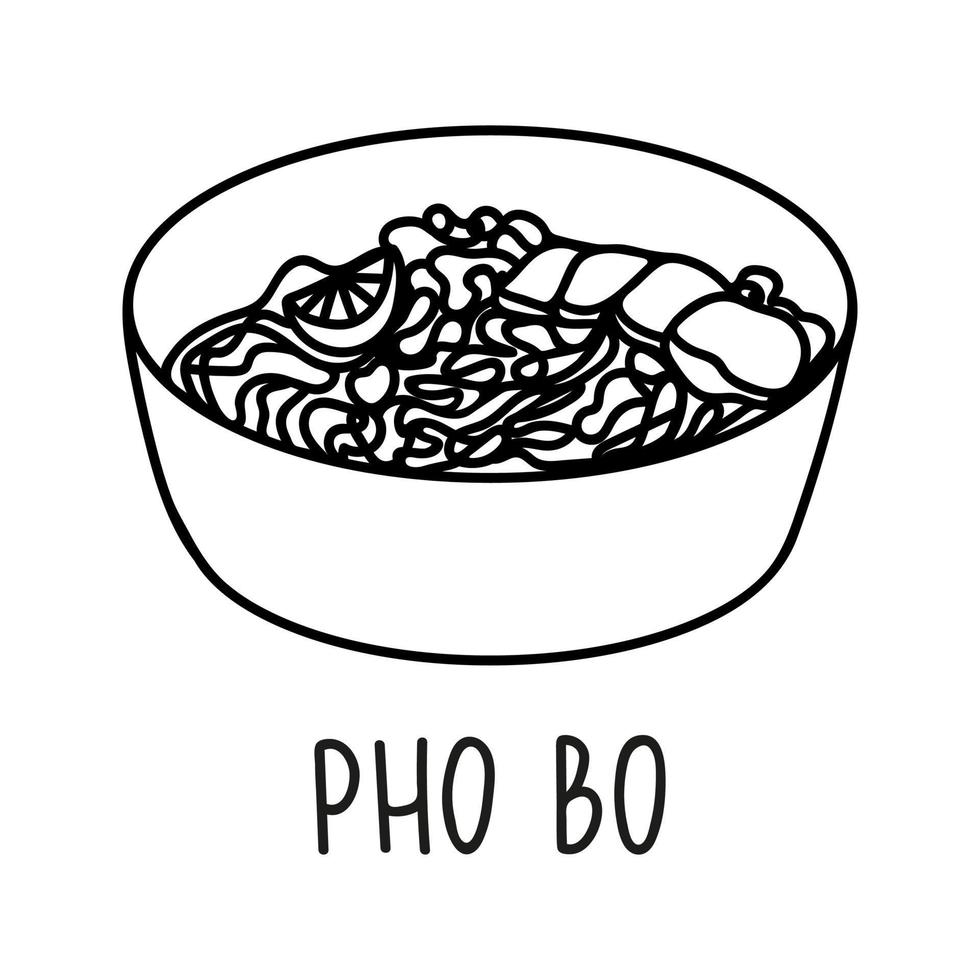 Vietnamesisch pho bo Suppe Schüssel im Hand gezeichnet Gekritzel Stil. asiatisch Essen zum Restaurants Speisekarte vektor