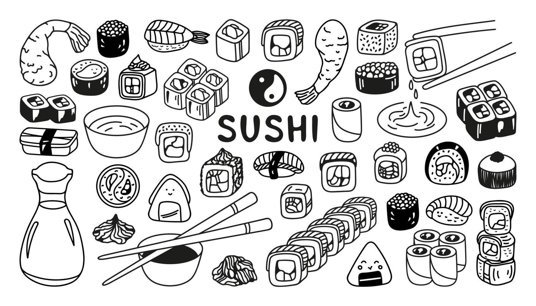 japanisch Sushi rollen einstellen im Hand gezeichnet Gekritzel Stil. asiatisch Essen zum Restaurants Speisekarte vektor