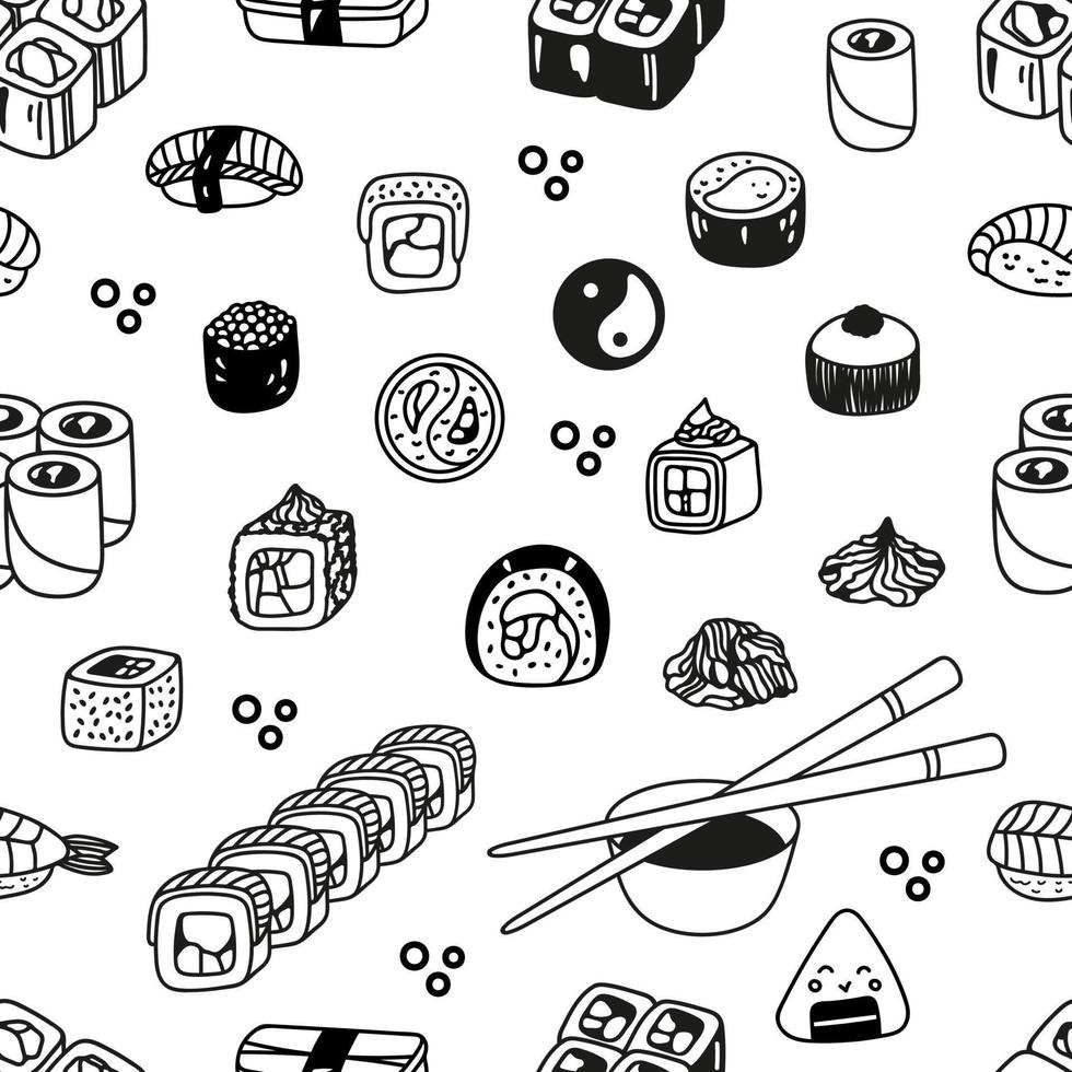 japanisch Sushi rollen einstellen nahtlos Muster im Hand gezeichnet Gekritzel Stil. asiatisch Essen zum Restaurants Speisekarte vektor