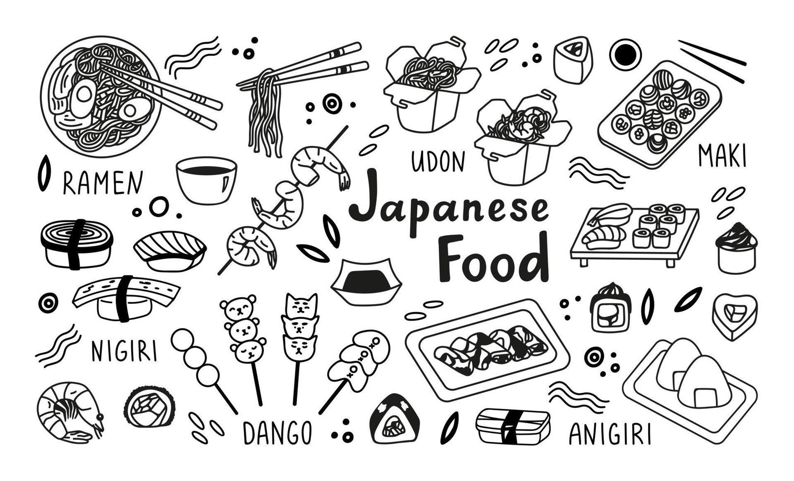 groß Sammlung japanisch Essen im Hand gezeichnet Gekritzel Stil. asiatisch Essen zum Restaurants Speisekarte vektor