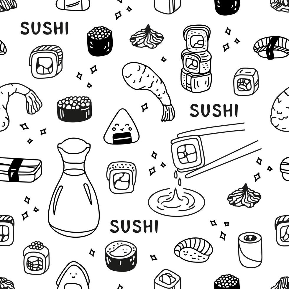 japansk sushi rulla uppsättning sömlös mönster i hand dragen klotter stil. asiatisk mat för restauranger meny vektor