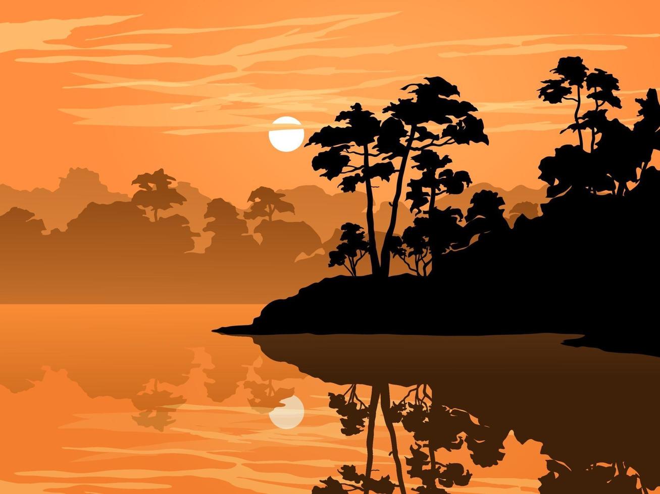 natur scenisk solnedgång illustration med skog och sjö vektor