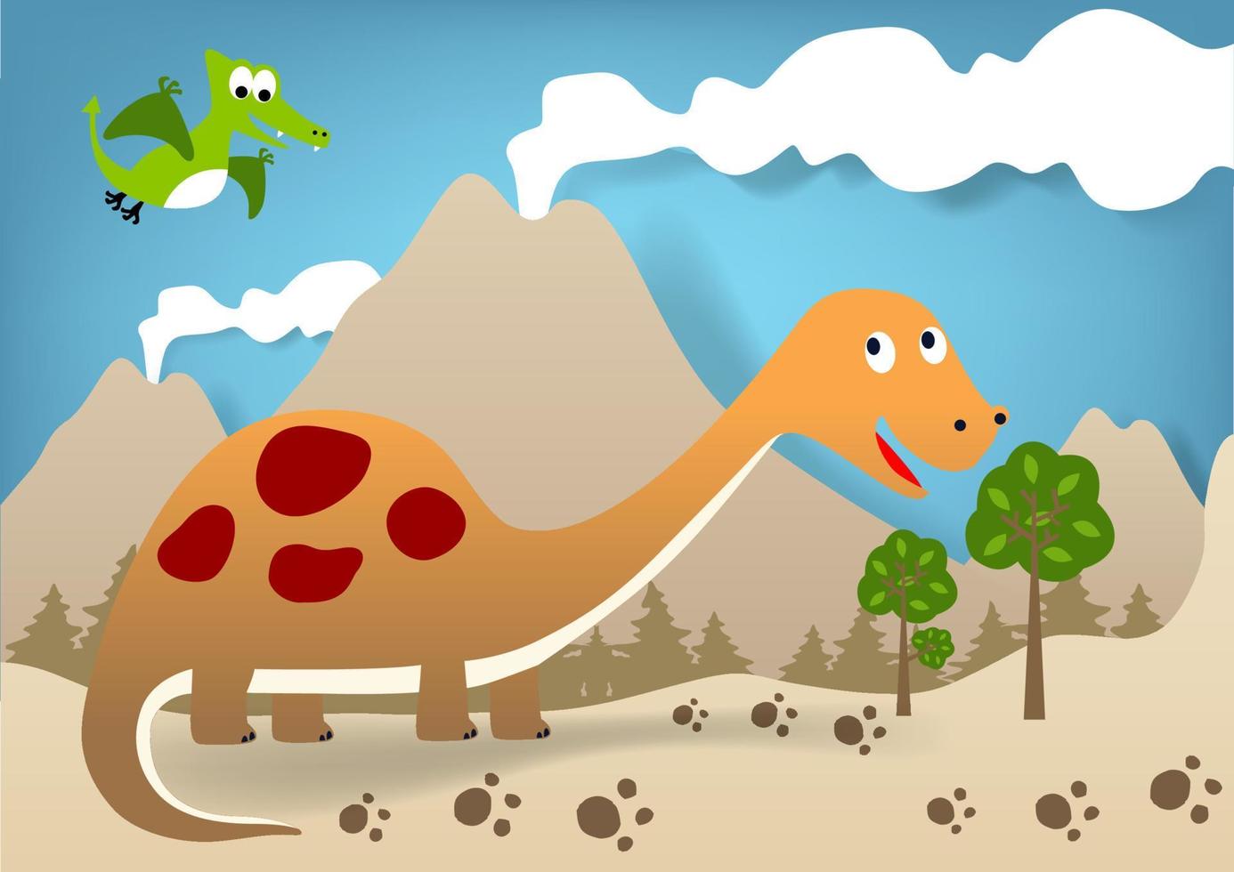 Dinosaurier Karikatur auf Vulkane Hintergrund, Vektor Karikatur Illustration