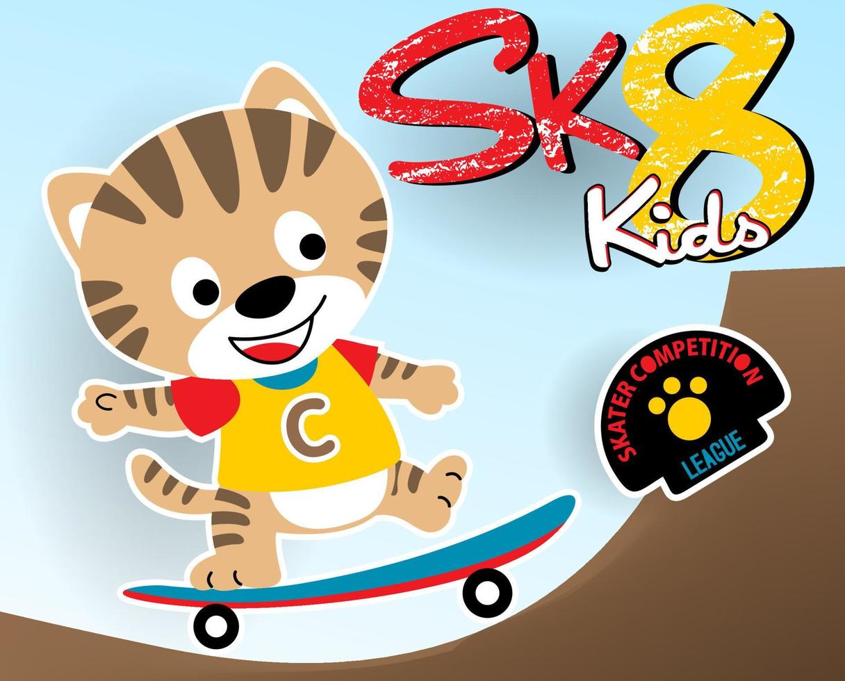 wenig Katze spielen Skateboard, Vektor Karikatur Illustration