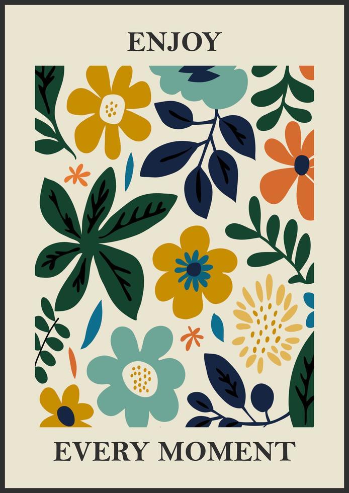 botanisk matisse inspirerad blomma vägg konst affischer, broschyr, flygblad mallar, samtida collage. organisk former, linje blommig mönster med positiv Citat, hand dragen design, enkel tapet. vektor