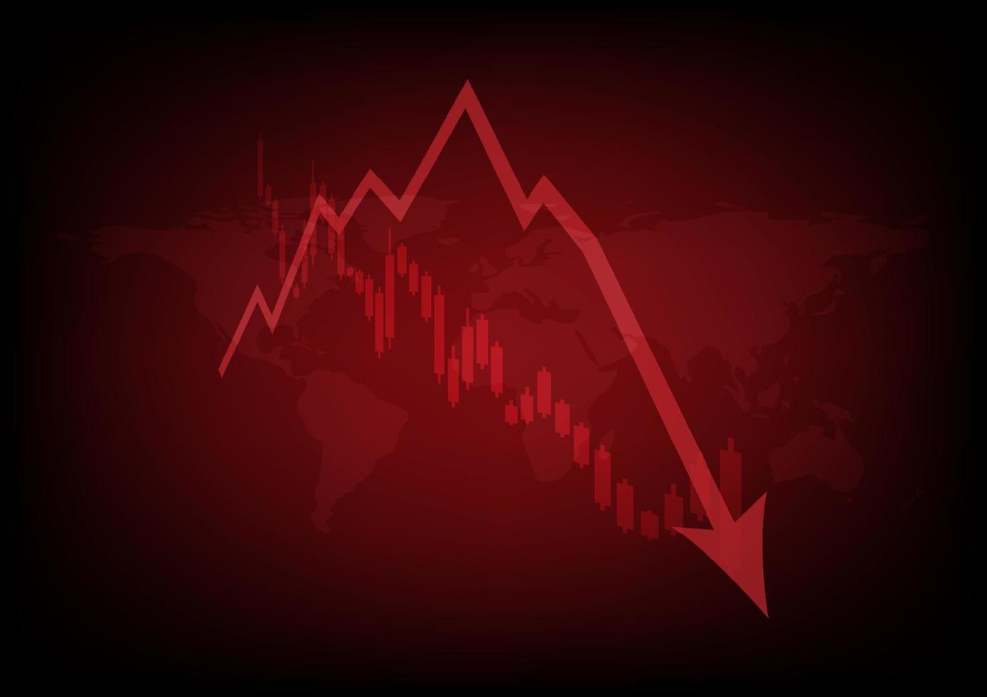 wirtschaftlich kritisch Krise Konzept. niedrig Polygon mit ein Drahtmodell von das niedriger Pfeil und glänzend auf rot Welt Karte Hintergrund. Rezession finanziell, Kryptowährung, Gold, und das Lager Markt. vektor