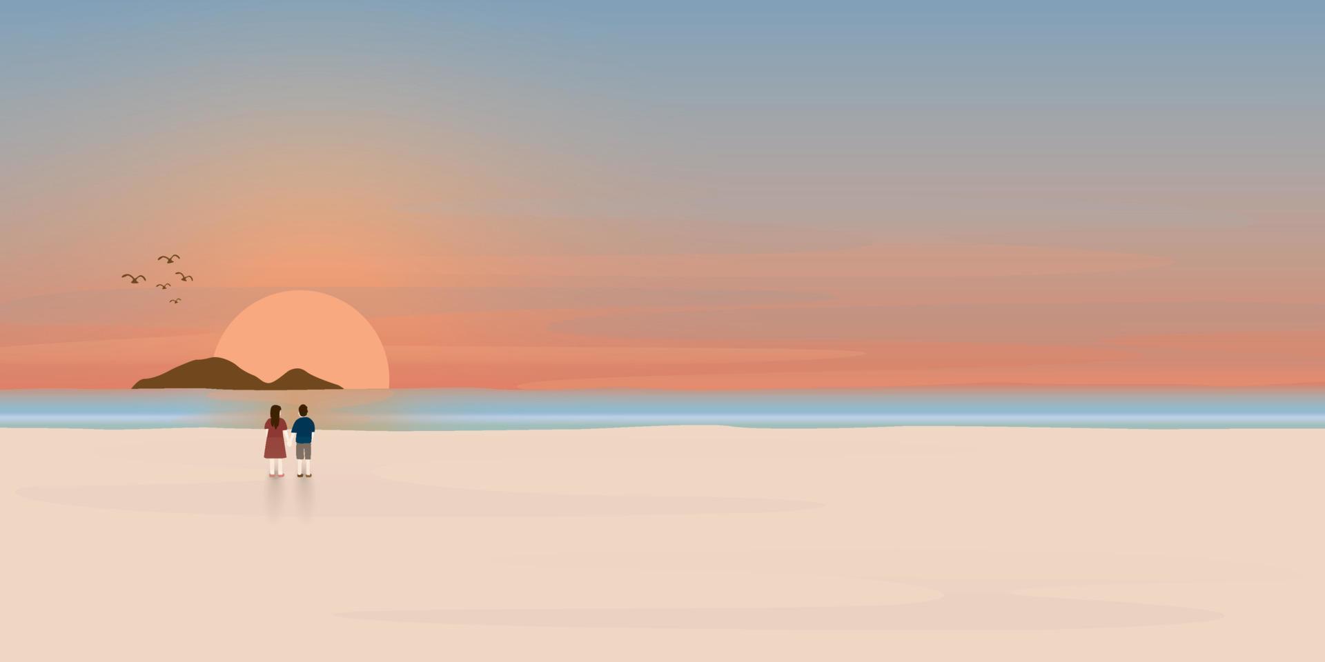 Sonnenuntergang beim tropisch Blau Meer, Sand Strand und Berg mit Paar von Liebhaber Illustration. Landschaft von Küste schön Meer Ufer Strand beim Sonnenuntergang eben Design Illustration. vektor