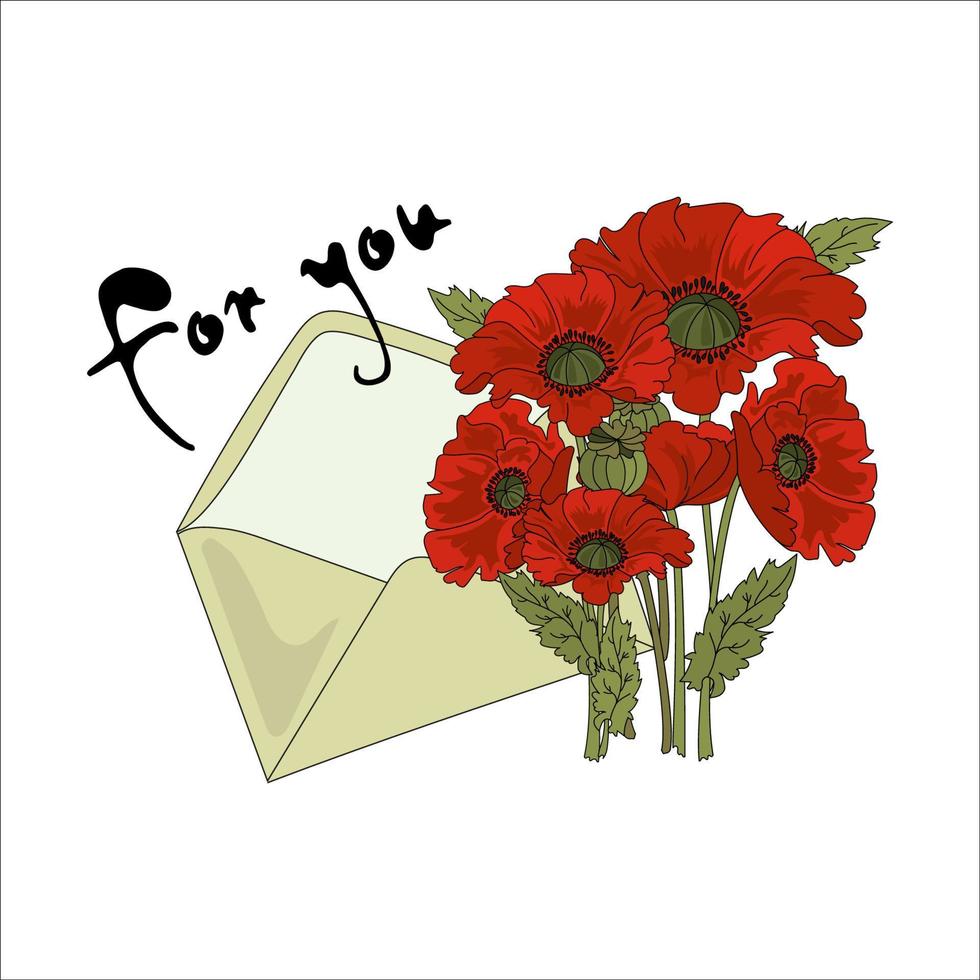 vallmo och brev blommig blomma bukett vektor illustration uppsättning