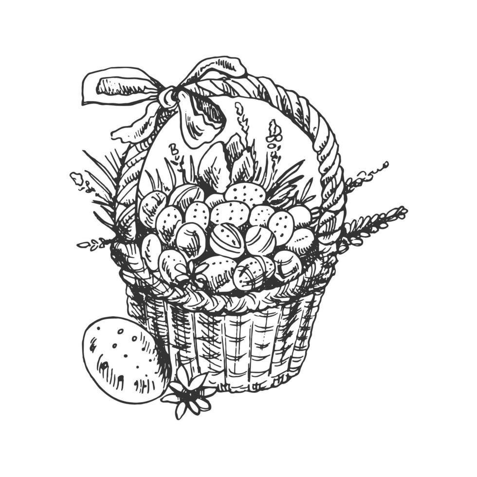 skizzieren von Ostern Korb. Hand gezeichnet Jahrgang Illustration mit Korb, Ostern Eier, und Blumen. Vektor. schwarz und Weiß Zeichnung. vektor