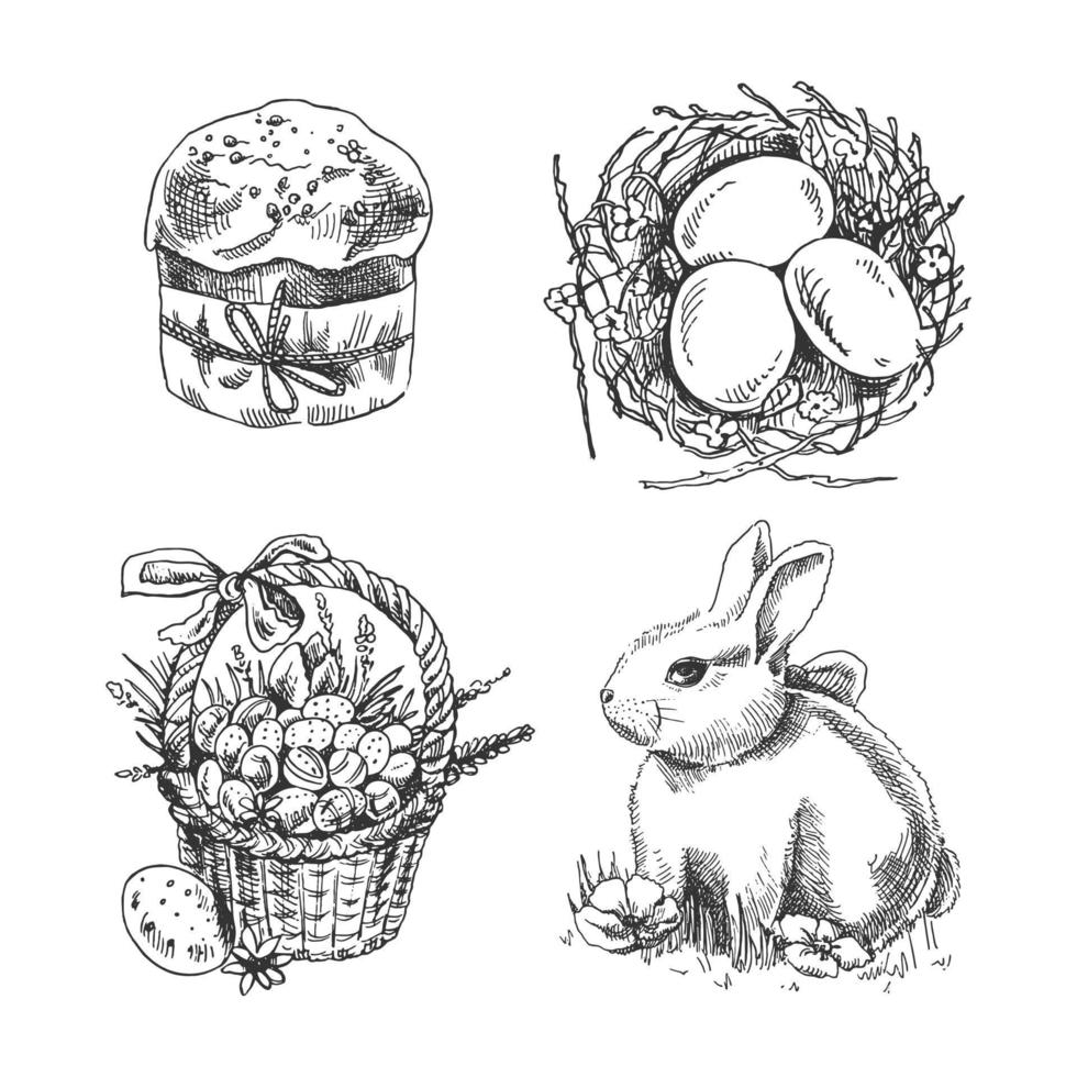 en ritad för hand skiss påsk Semester uppsättning. påsk kanin, bo med ägg, korg med påsk ägg, påsk kaka. vektor illustration. svart och vit årgång teckning.