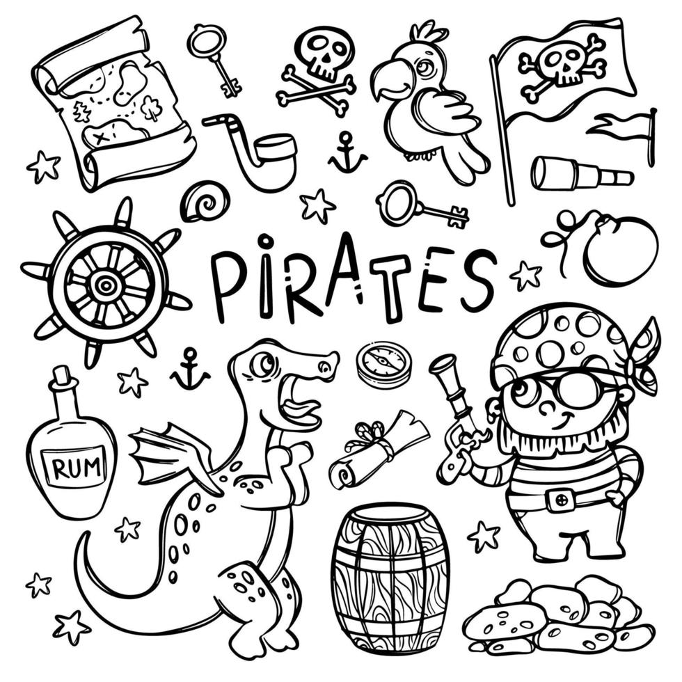 pirat och dino svartvit ClipArt vektor illustration uppsättning