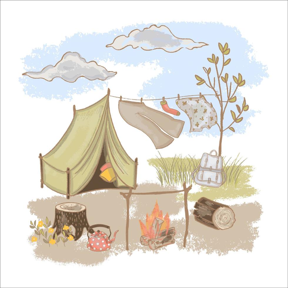 vår camping resten på natur hand dragen vektor illustration