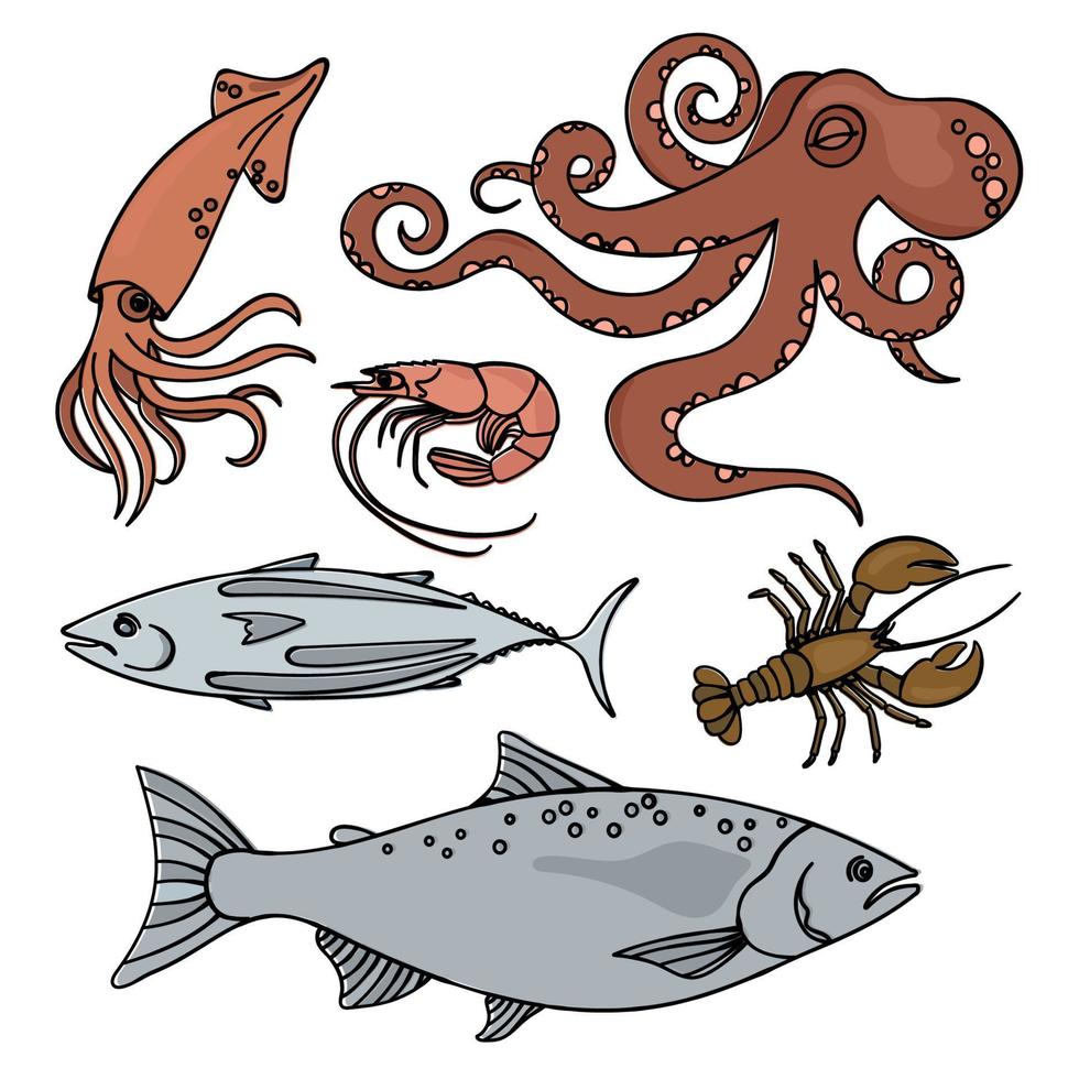 Ozean Leben Meer Tiere gesund Meeresfrüchte Vektor Illustration einstellen