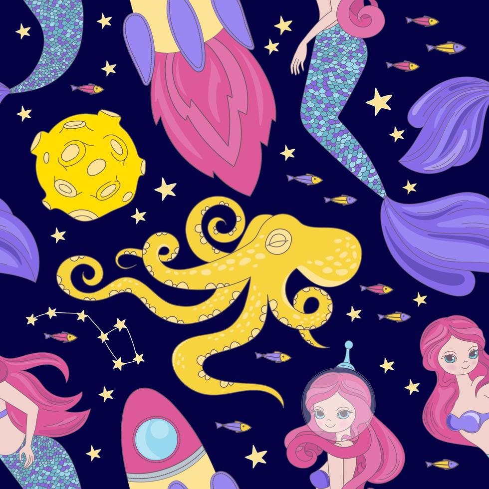 bläckfisk sjöjungfru kosmos prinsessa flicka sömlös mönster vektor