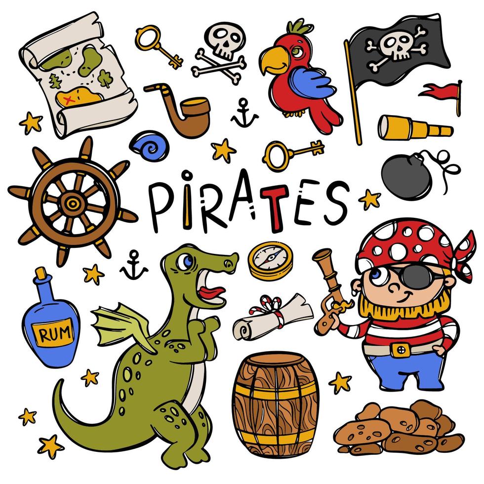 Pirat und Drachen nautisch Objekte Vektor Illustration einstellen