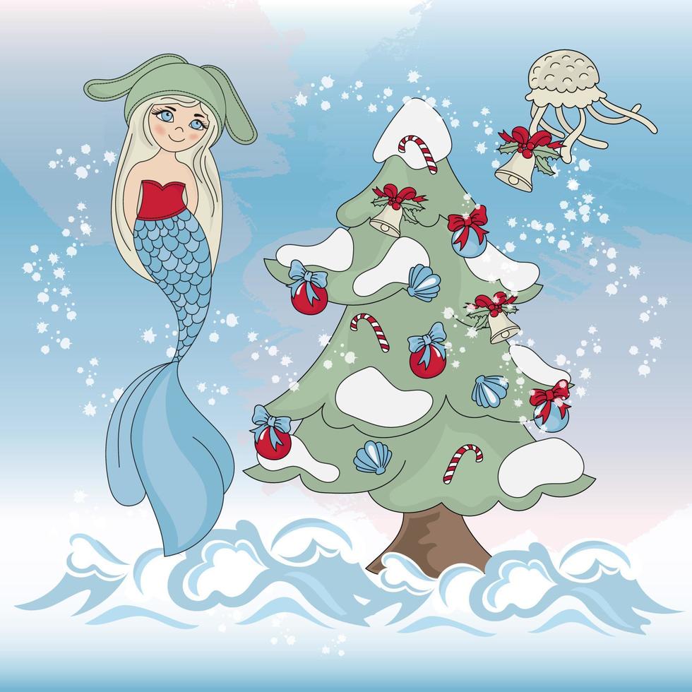 Ozean Weihnachten Meerjungfrau Mädchen Neu Jahr Vektor Illustration einstellen