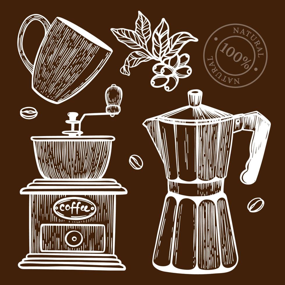 Kaffee Mühle skizzieren Design Etikette von Geschäft Vektor Illustration einstellen