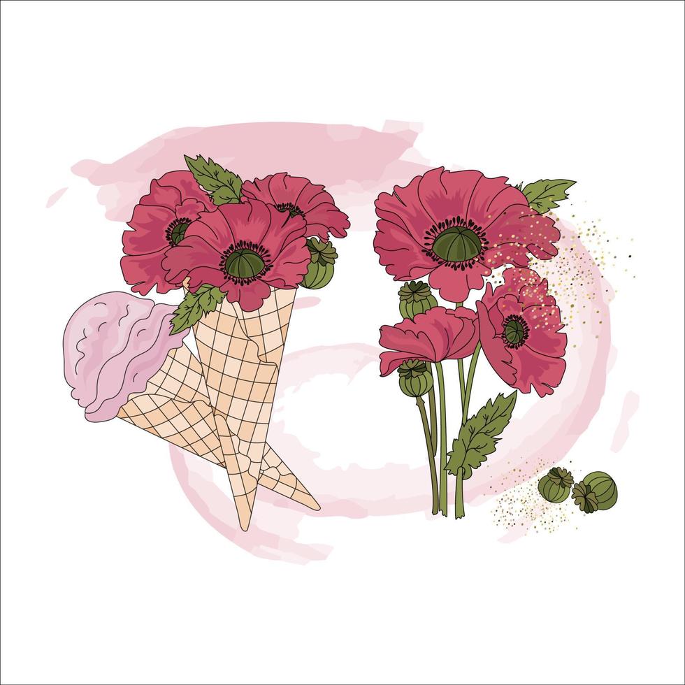 Mohn Eis Sahne Süss Blumen- Strauß Vektor Illustration einstellen