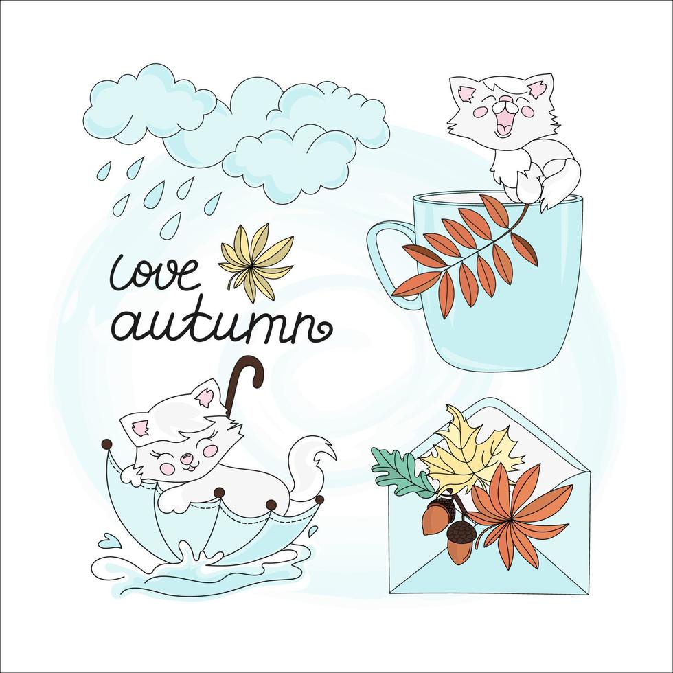 Regen und Katze Herbst Jahreszeit Clip Kunst Vektor Illustration einstellen