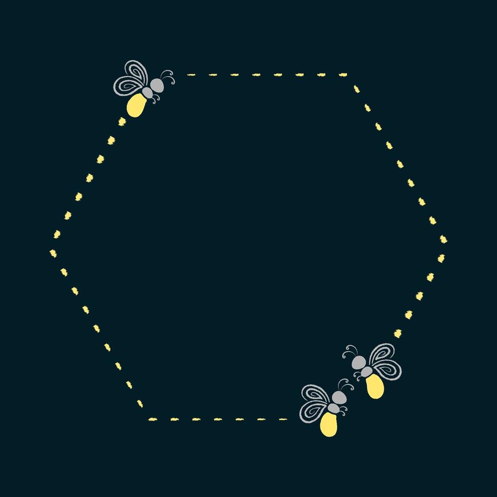 glühend Glühwürmchen Hexagon Rahmen Clip Art Sammlung. Glühwürmchen fliegend Weg Rand Vorlage mit Kopieren Raum. vektor