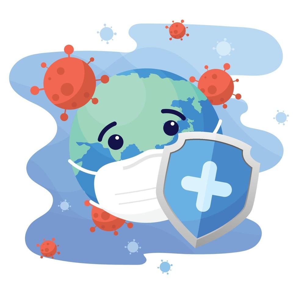 Schild schützt Weltcharakter mit medizinischer Schutzmaske vor Coronavirus. Weltkoronavirus und Covid-19-Ausbruch und Pandemie-Angriffskonzept. vektor