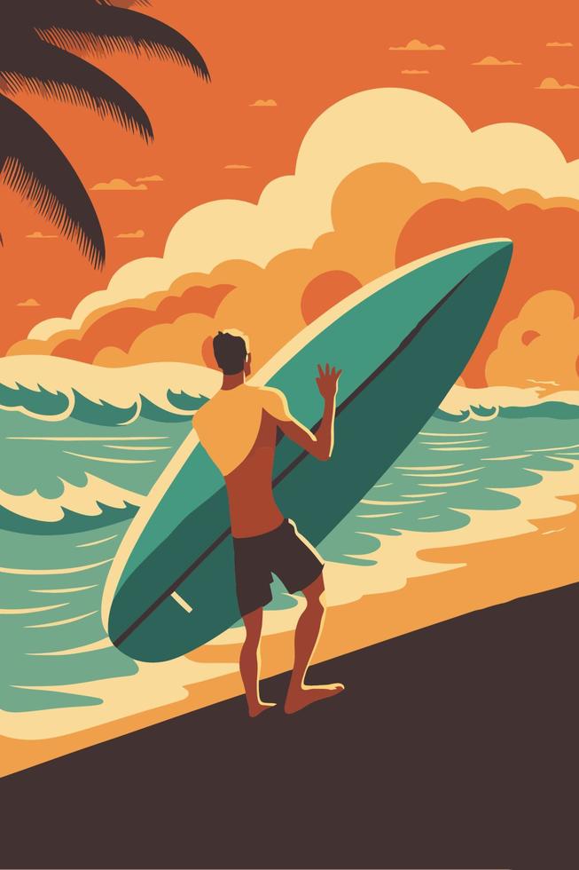Mann Surfer Surfen auf groß Welle im schön Ozean Strand vektor