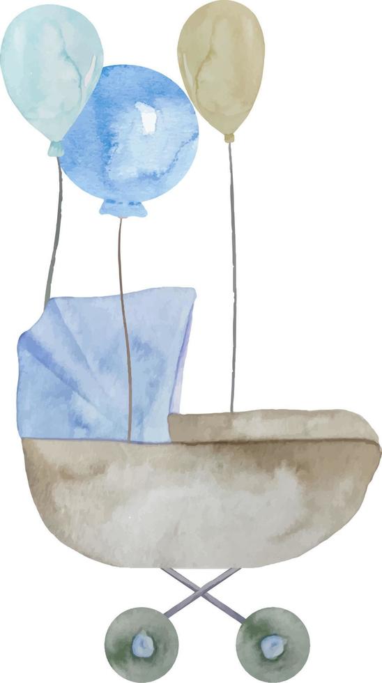 aquarell baby blau kinderwagen mit luftballons illustration. Es ist ein Jungen-Set vektor