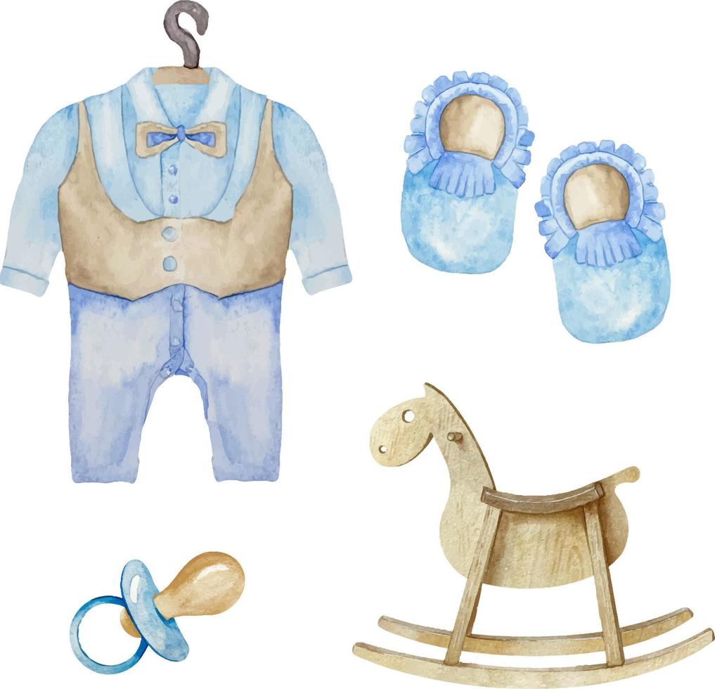 vattenfärg uppsättning av bebis pojke blå element med gungande häst, napp, bebis skor och kostym illustration. dess en pojke uppsättning vektor