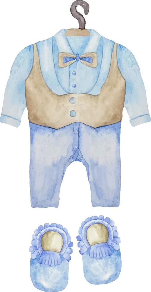 Aquarell Baby Junge Dusche Satz. es ist ein Junge Thema mit ein passen auf ein Aufhänger und Schuhe. es ist ein Junge Illustration vektor