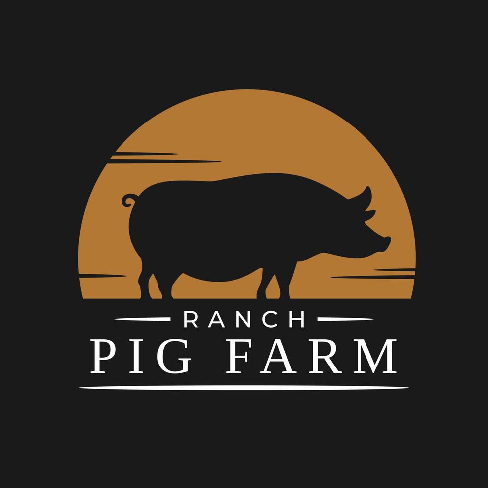 Vektor Logo von Schwein Bauernhof mit Silhouette Stil isoliert im dunkel Hintergrund. Jahrgang Logo Illustration