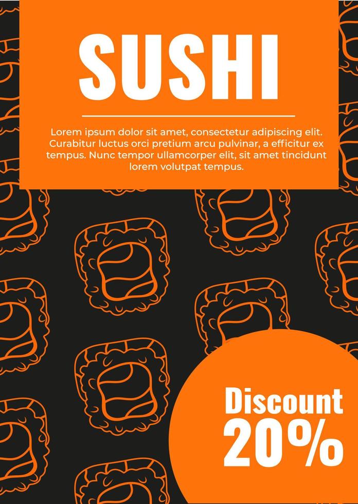 Sushi Flyer mit 20 Prozent Rabatt mit Muster mit Rollen. Rollen mit Lachs und nori vektor