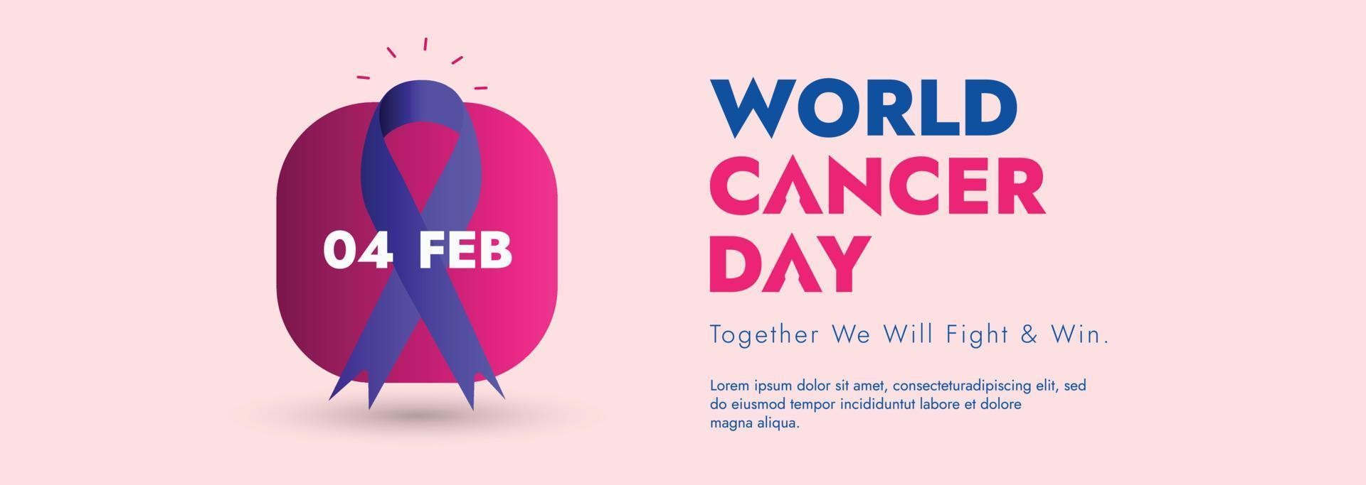 värld cancer dag. värld cancer dag medvetenhet baner. 4 februari värld cancer dag baner med lila band på rosa bakgrund. cancer medvetenhet kampanj. tillsammans vi kommer bekämpa och vinna. 4:e februari. vektor