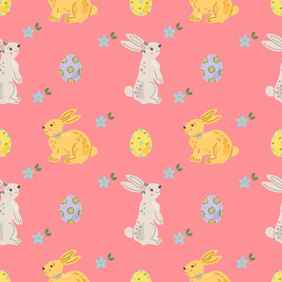 Ostern Muster mit süß Weiß Kaninchen, Hase oder Hase. Baby Tiere und Ostern Eier drucken. Hintergrund zum Design von das Abdeckung, Produkt Verpackung, Werbung Banner, Postkarte, Drucken auf Textil. vektor