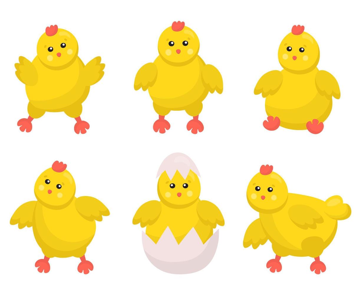 söt bebis kycklingar uppsättning i annorlunda poser för påsk design. liten gul tecknad serie kycklingar. vektor illustration isolerat på vit bakgrund. glad liten kycklingar och tuppar aktiviteter.