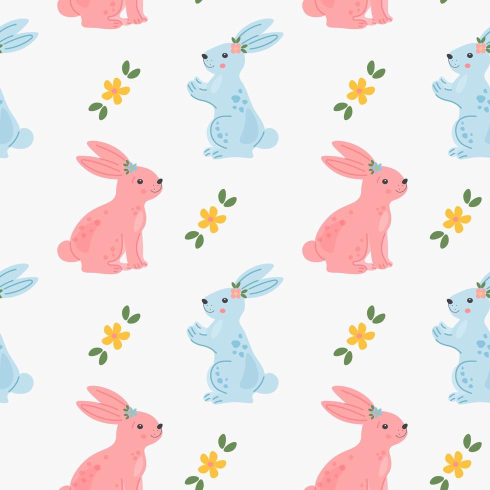 sömlös upprepad yta mönster design med söt liten kaniner och blommor. festlig vår bakgrund i scandinavian hand dragen stil. bebis eller barn produkt design, tyg, tapet, Kläder. vektor