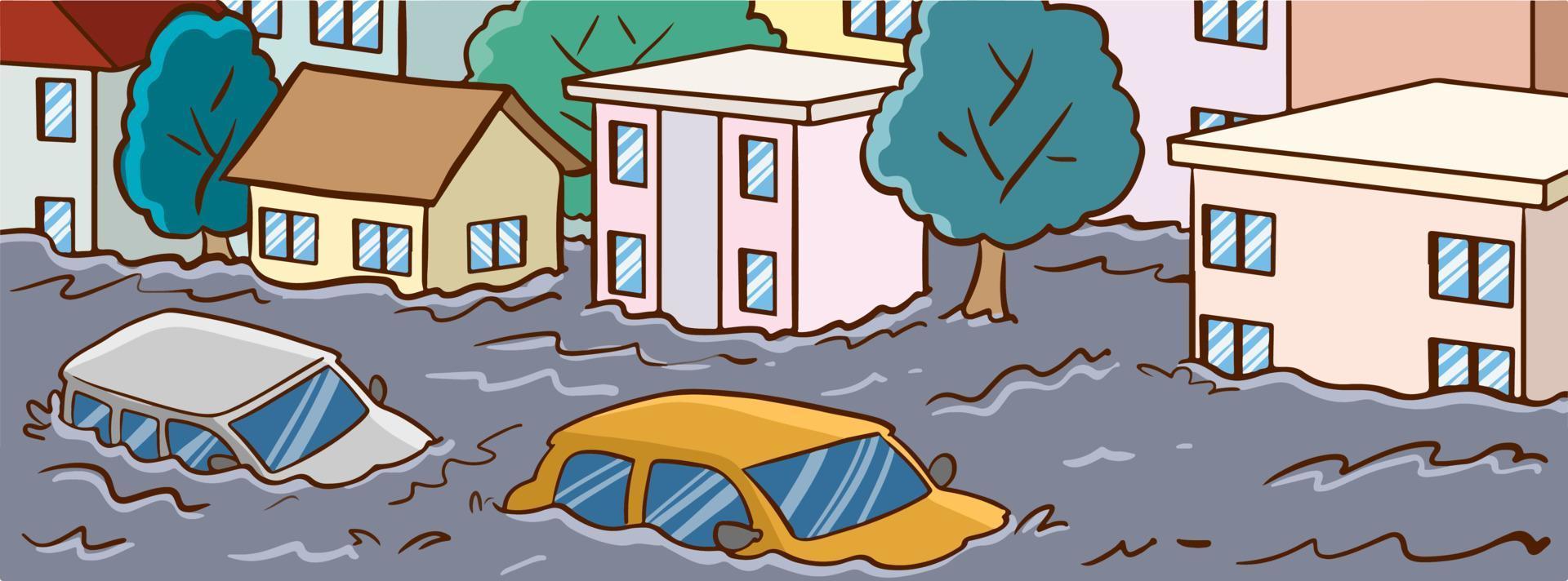 Hochwasser in der Stadt, Flusswasserstrom fließt an der Stadtstraße mit Cottage-Häusern. naturkatastrophe mit regen und sturm auf dem land mit überfluteten gebäuden, klimawandel. Cartoon-Vektor-Illustration vektor