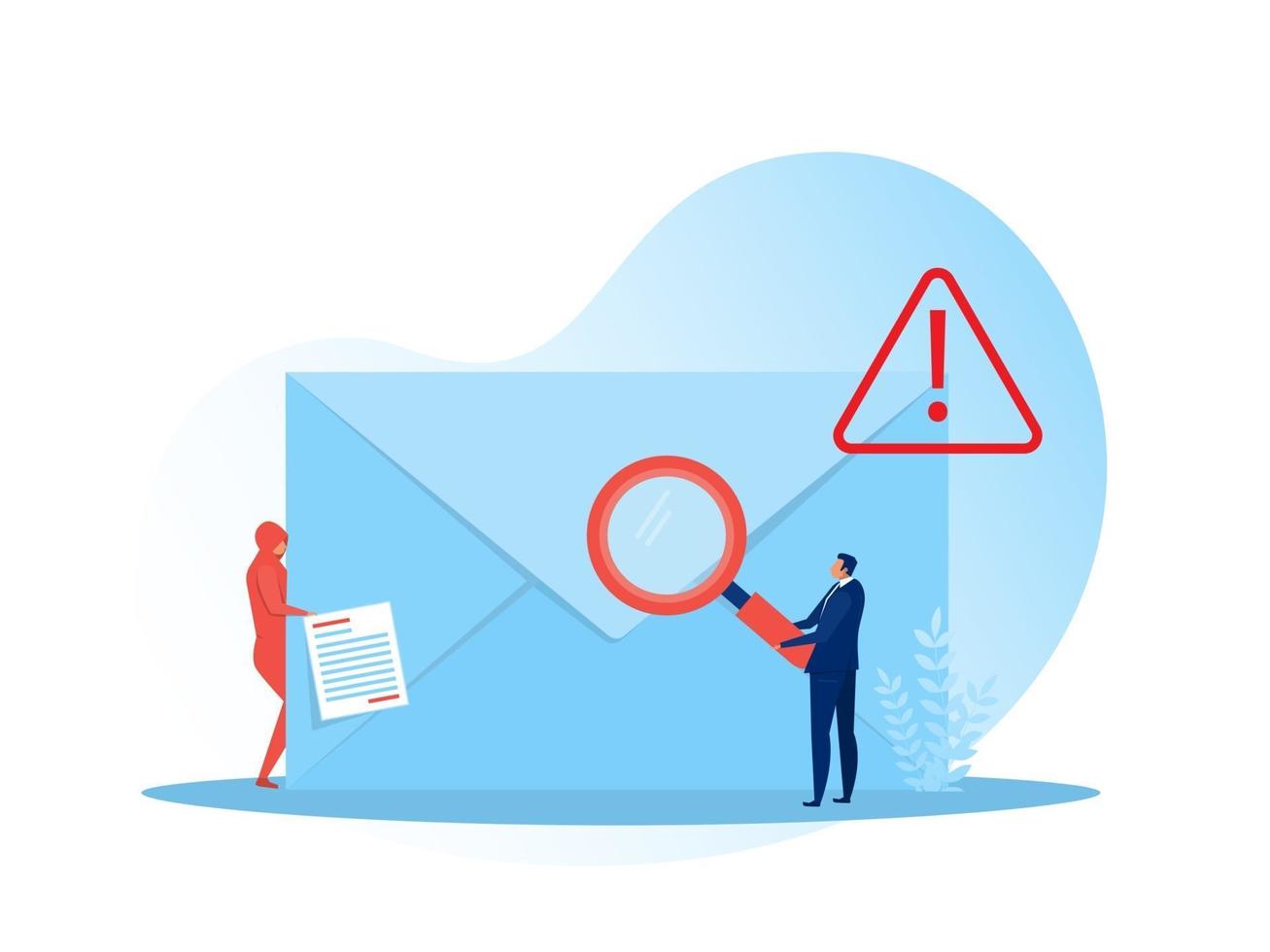 Geschäftsmanncharakter, der Lupe vom Umschlag mit Warnung und Alarmbenachrichtigung hält. Spam E-Mail Vektor Illustrator.
