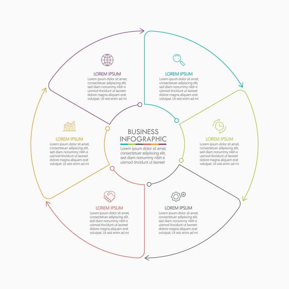 Infografik Kreis dünne Linie Design-Vorlage mit 6 Optionen vektor