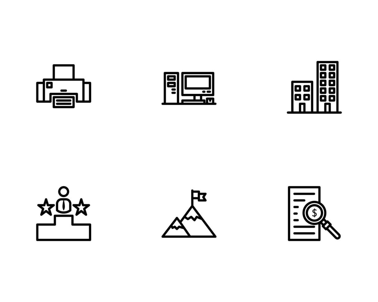 Geschäftssymbolsatz mit Drucker, Desktop-Computer, Bürogebäude, Berg- und Steuersymbol vektor