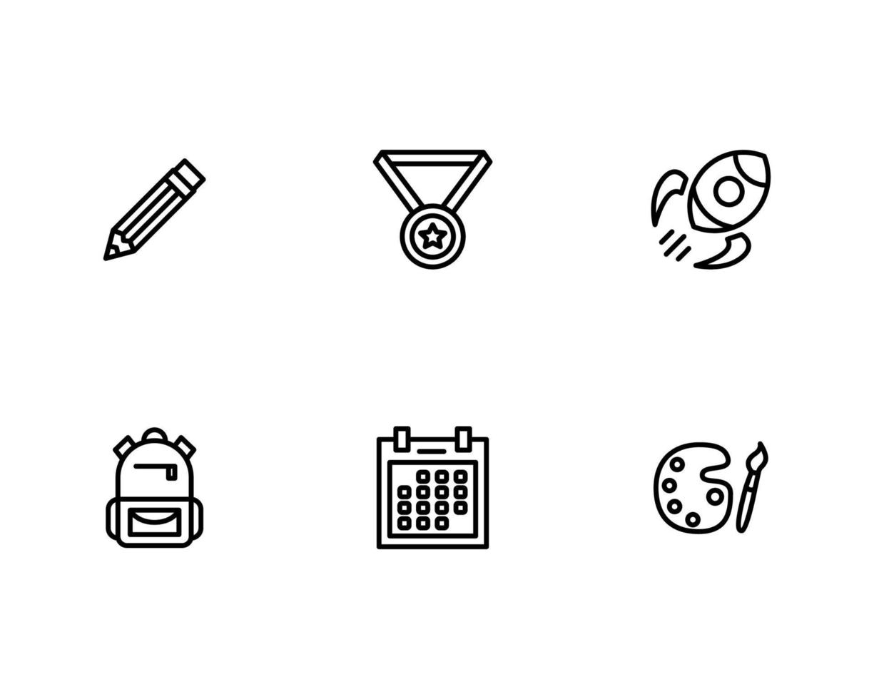 utbildning ikon med penna, medalj, raket, skolväska, kalender och pensel ikon vektor