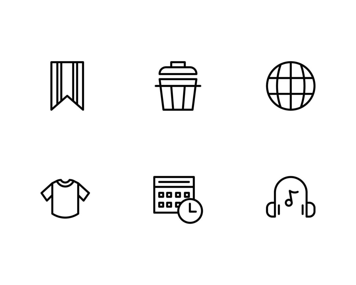 Mix UI-Icon-Set mit Lesezeichen, Mülleimer, Löschen, Globus, Website, Shirt, Kalender, Kopfhörersymbol vektor