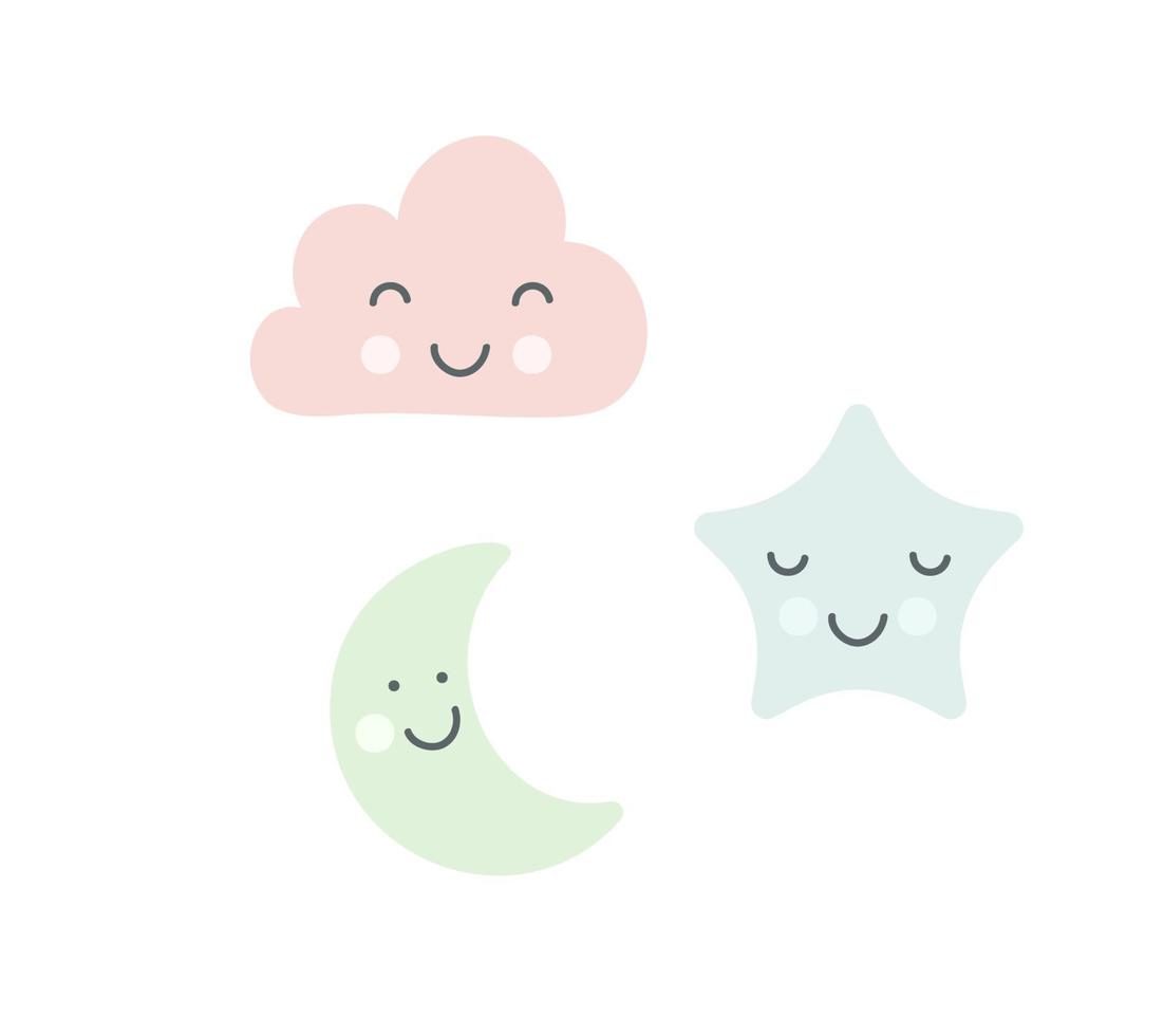 uppsättning pastellgrön måne, blå sömnig stjärna och rosa moln för dekoration av babyrum. barnsliga stilfärger. perfekt för tygtryckta logotypskyltbanderoller. vektor barn vägg konst design