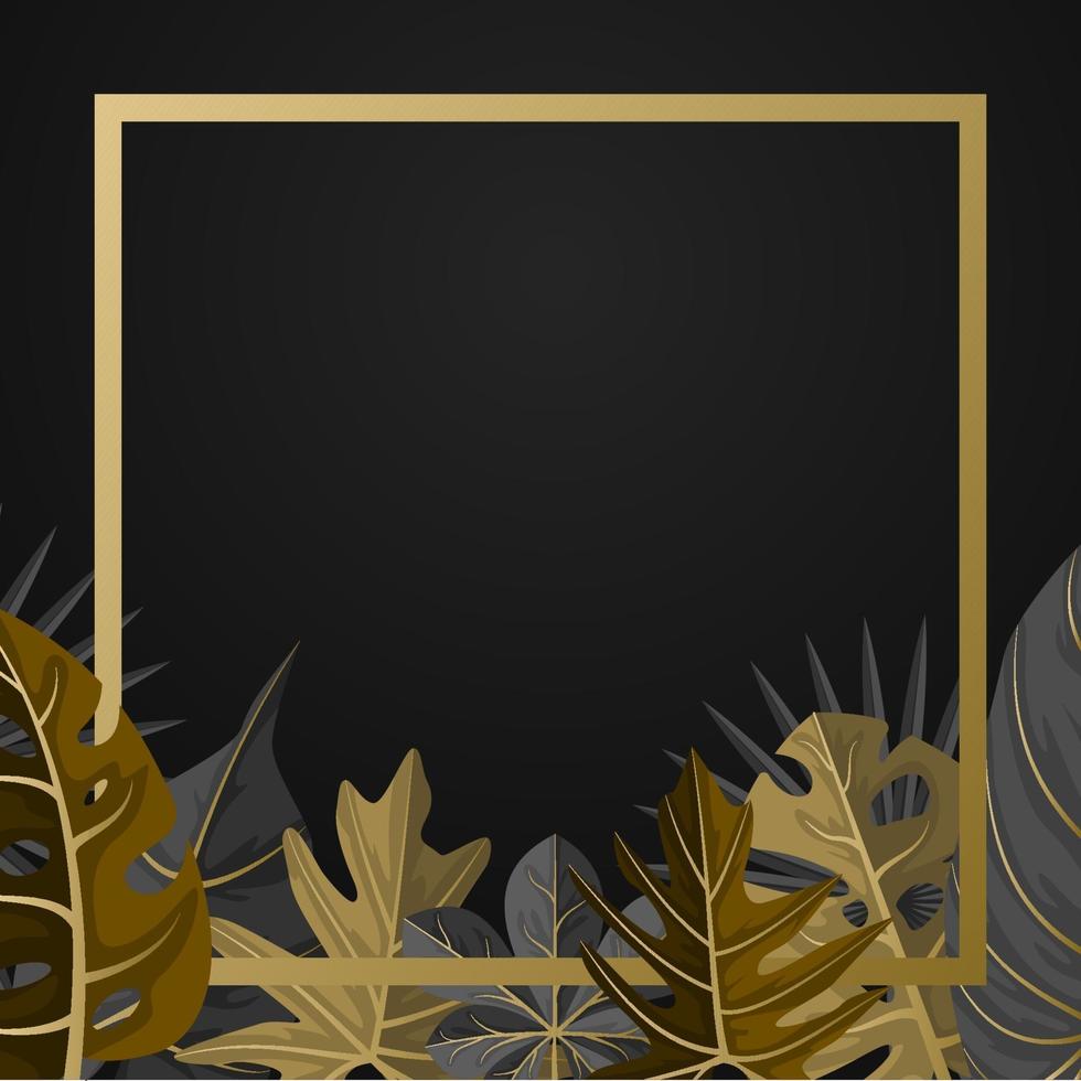 goldene quadratische Hintergrundschablone mit tropischer Pflanzenblattgrenze vektor