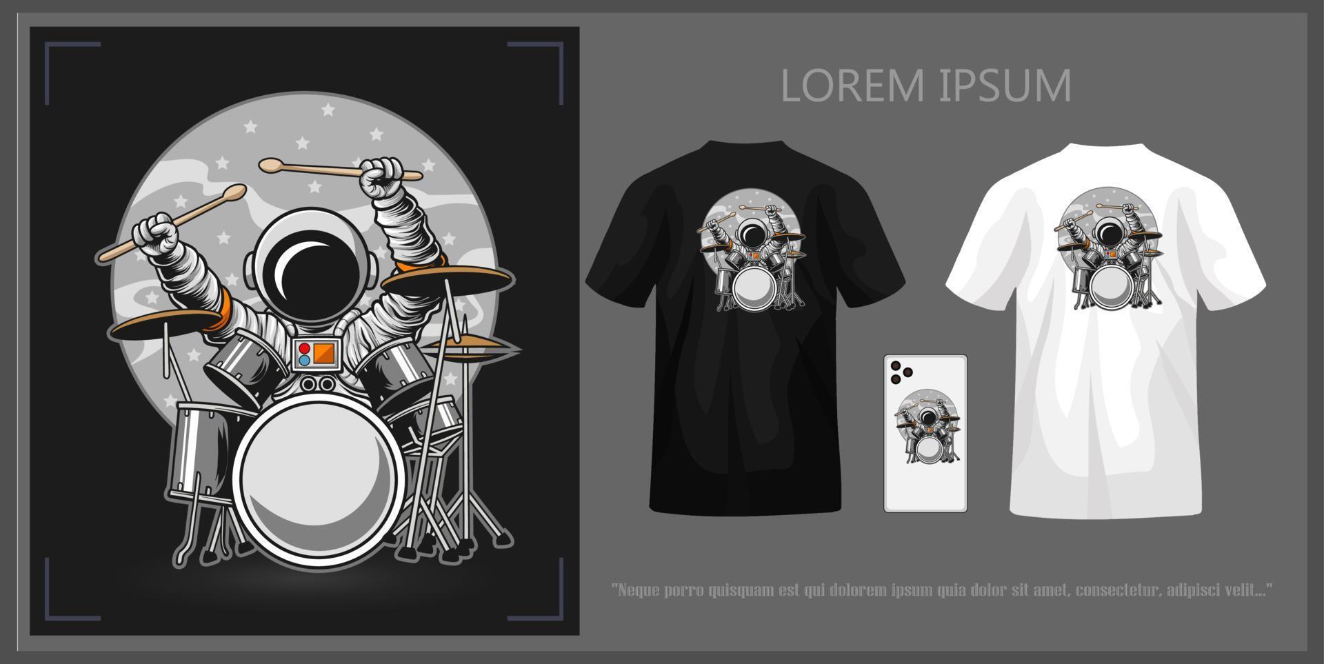 astronaut t-shirt design spelar trummor komplett med mockup. vektor